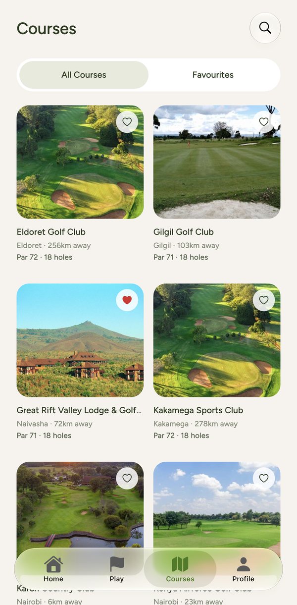 The courses tab listing clubs in Kenya